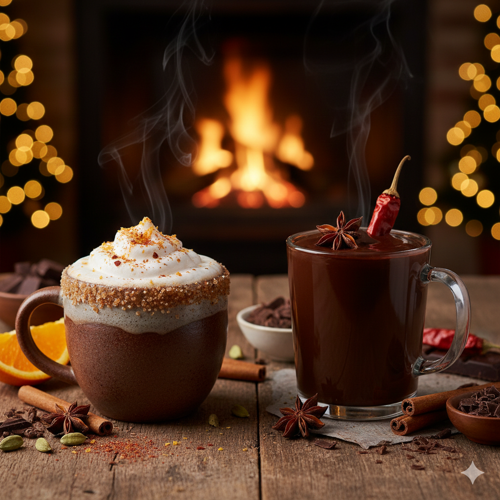 Trinkkakao in Keramikbecher, Milchschaum, Zimt – Nahaufnahme