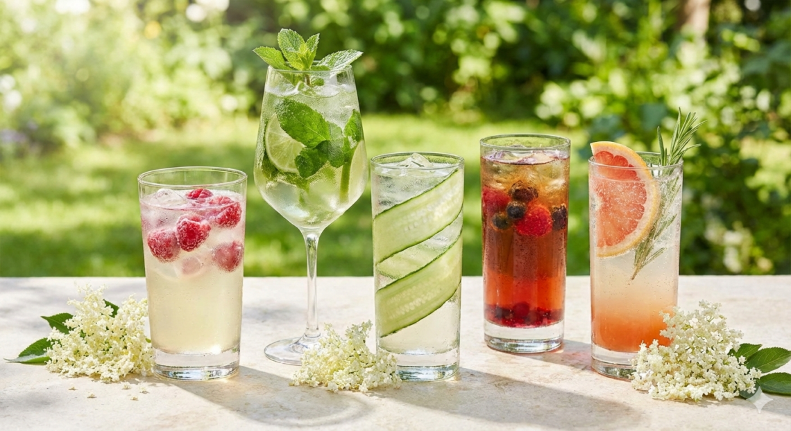 Fünf verschiedene alkoholfreie Getränke mit Holunderblüten und Minze auf einer Steinterrasse