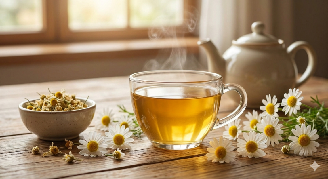 Eine dampfende Tasse Kamillentee mit frischen Kamillenblüten auf einem rustikalen Holztisch.