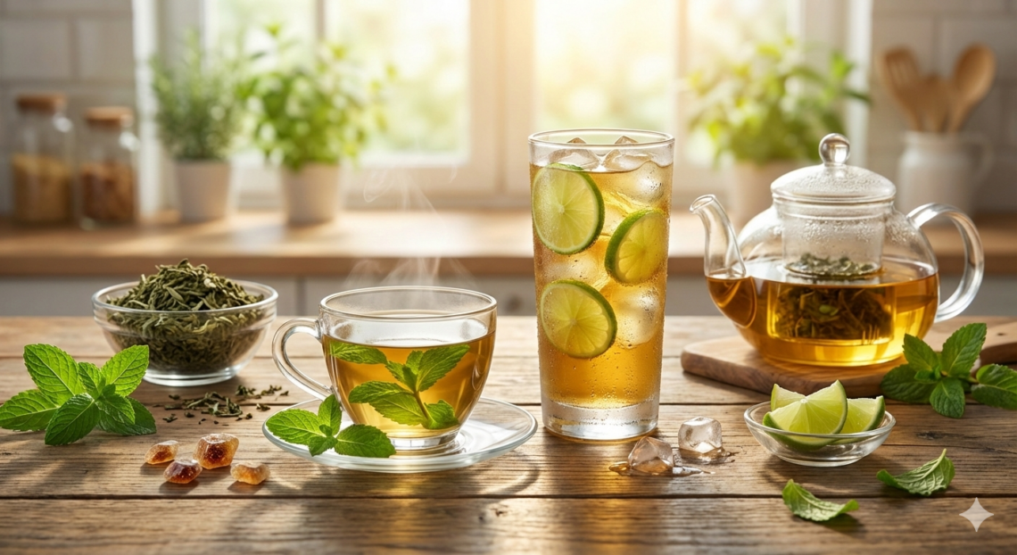 Verschieene Zubereitungen von Pfefferminztee wie Eistee und klassischer Aufguss auf einem Holztisch