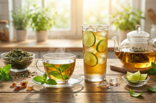 Verschieene Zubereitungen von Pfefferminztee wie Eistee und klassischer Aufguss auf einem Holztisch