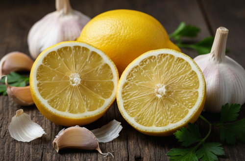 Frische Zitrone und Knoblauch auf Holztisch für eine natürliche Gefäßreinigung