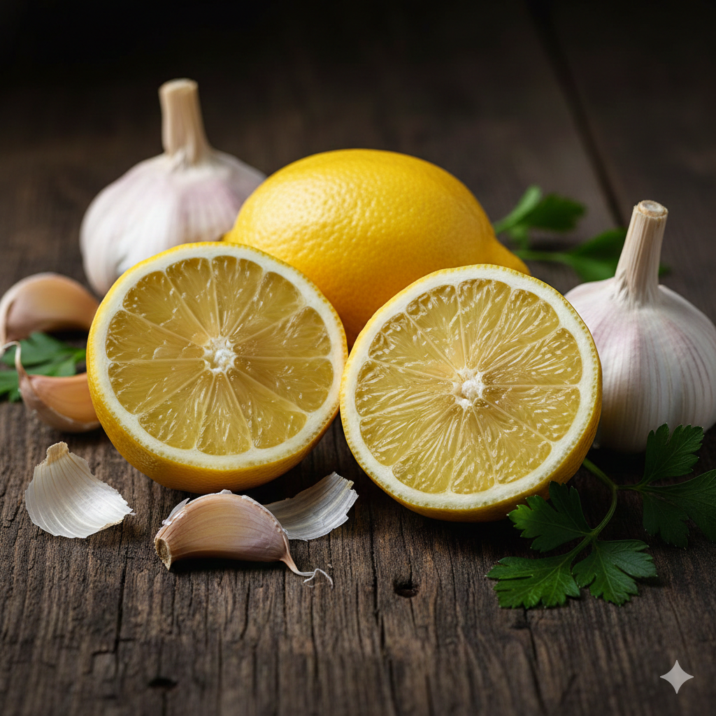Frische Zitrone und Knoblauch auf Holztisch für eine natürliche Gefäßreinigung