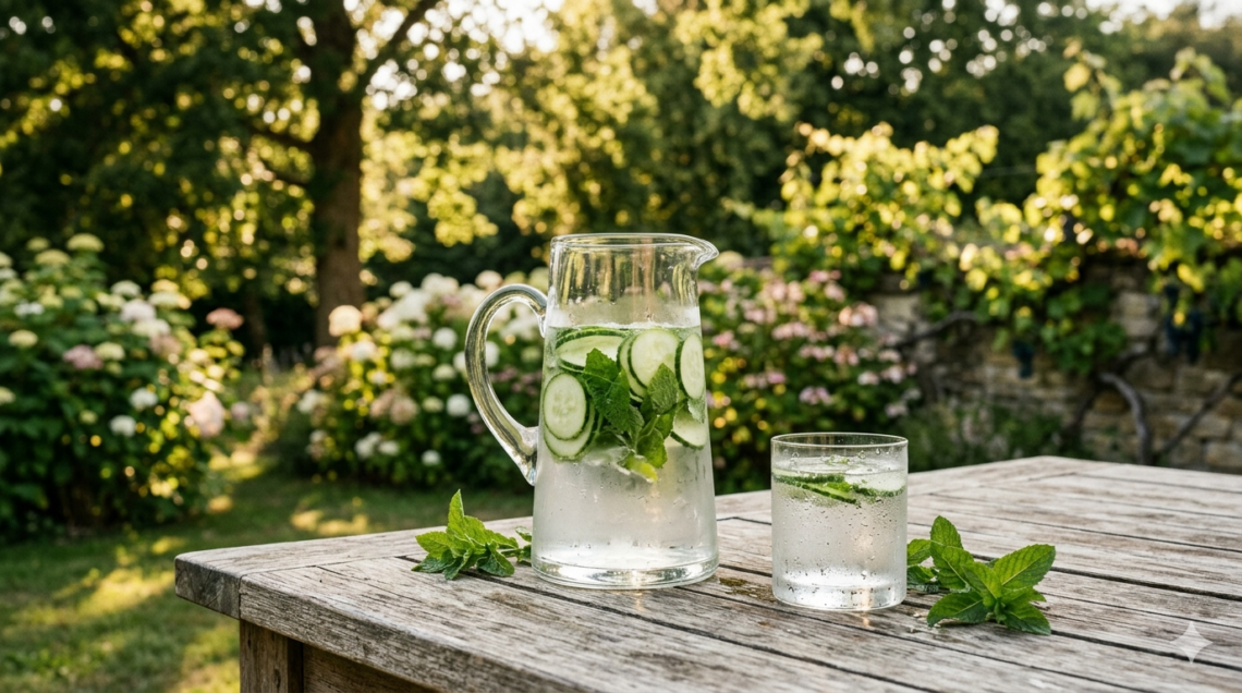 Erfrischendes Wasser mit Gurke und Minze als optimales Trinken bei Hitze für eine gesunde Hydratation im Sommer.